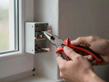 Close-up of hands gripping pliers around an electrical junction box, copper wire visible, natural window light from the side, residential wall in background