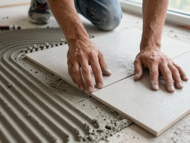 Overhead close-up of a tiler's hands pressing a ceramic floor tile into grey adhesive, grout lines perfectly aligned, natural light from a nearby window