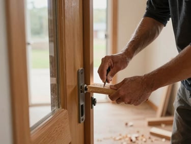 Tight close-up of a carpenter's hands planing a wooden door edge on-site in a home corridor, wood shavings on the floor, soft daylight from a doorway