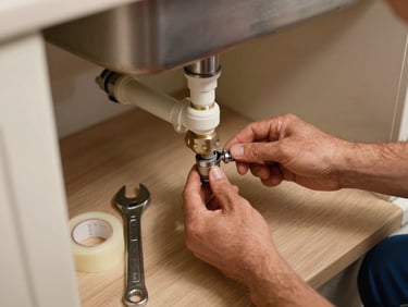 Overhead shot of a plumber's hands sealing a pipe joint under a kitchen sink, wrench and PTFE tape beside them on the cabinet floor, warm ambient light