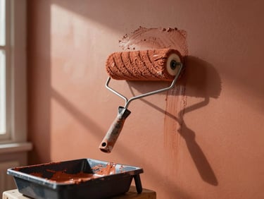 Painter's roller leaving a clean terracotta-toned stroke across a plain interior wall, paint tray in the foreground, afternoon window light casting a soft diagonal shadow