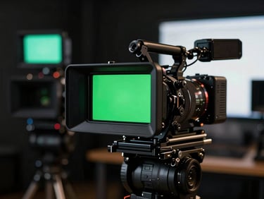 Close cinematográfico de um criador de conteúdo de alta performance em um estúdio de gravação escuro, iluminação de contorno verde neon nítida, câmeras profissionais desfocadas ao fundo.