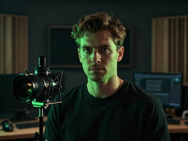 Cinematic portrait of a modern creator in a dark professional recording studio, dramatic neon green rim lighting, high-contrast, moody atmosphere.