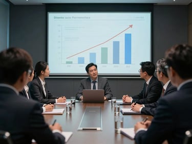 Over-the-shoulder view of a strategic business meeting in a dark, sleek boardroom, digital charts projected on the wall showing upward trajectory.