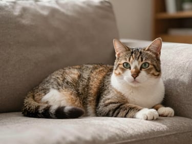 A calm, well-groomed cat relaxing on a sofa in a cozy home environment, soft natural daylight, shallow depth of field.
