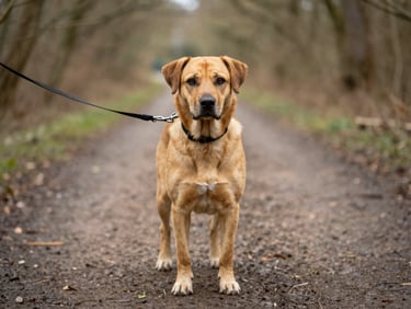Candid eye-level shot of a medium-sized dog (e.g., Labrador mix) on a leash, looking forward on a wooded path in Radcliffe on Trent, soft overcast daylight, shallow depth of field.