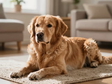 Calm golden retriever lying on a rug in a cozy, sunlit living room, natural soft light, shallow depth of field, feeling of home.