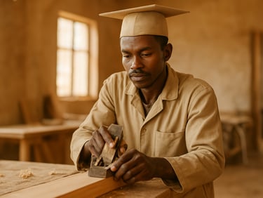 Dignified documentary portrait of a carpentry graduate working with wood in a bright, naturally lit workshop in Baidoa, warm earth tones, shallow depth of field.