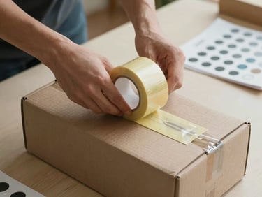 Close-up of hands securing packing tape over a labeled cardboard box, packing materials and numbered sticker sheets spread on a table, even practical light, warm neutral surface