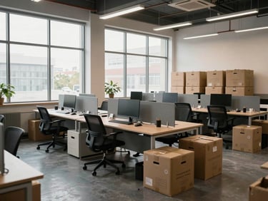 Wide shot of an open-plan office mid-transition, workstations partially packed, labeled crates stacked along one wall, practical daylight from tall windows, no staff visible, organized staging visible