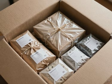 Close-up overhead shot of an open moving box filled with carefully wrapped household items, each piece labeled with a numbered inventory tag, warm neutral tones, soft even studio light showing detail