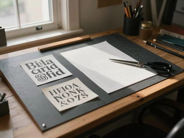 A quiet corner of the Salt Lake City studio, a warm charcoal drafting table with typography specimens and pattern shears, soft northern daylight.