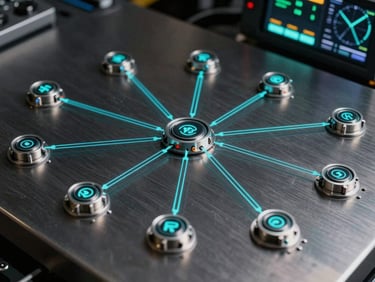 Technical schematic of network routing nodes overlaying a dark brushed metal surface, sharp cyan vector lines, high-precision telemetry display.