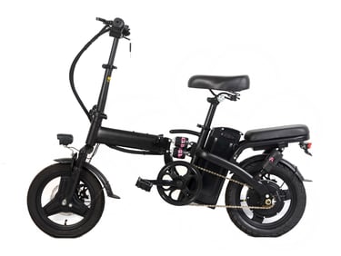 a black and white electric bike with a black seat