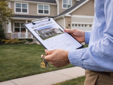 Homeowner reviewing a real estate listing in front of a suburban Colorado home before selling
