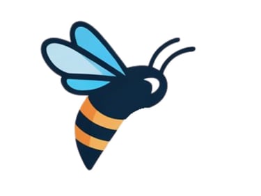 A stylized illustration of a bee with a black body, orange stripes, and blue wings.  