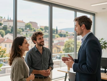 Bright modern office in Lyon with large windows, a professional advisor of European descent talking with a smiling local couple, natural daylight, warm atmosphere