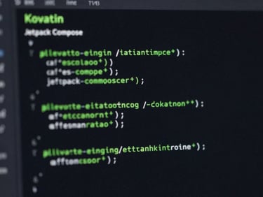 Close-up of a clean IDE code block displaying Kotlin code with Jetpack Compose elements, dark-mode theme, subtle electric-green syntax highlighting, high-contrast studio lighting.