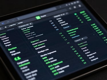 Close-up of a tablet displaying a complex logistics dashboard with real-time data, subtle neon green highlights, high-contrast studio lighting, deep obsidian tones, macro lens