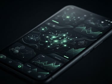Macro shot of a high-end Android smartphone displaying a fluid, high-frame-rate user interface with subtle electric-green accents, low-key studio lighting, geometric composition, dark obsidian background.
