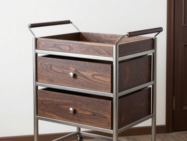 A premium metal and dark wood service cart with drawers and leather accents, high-end hotel style, clean studio shot