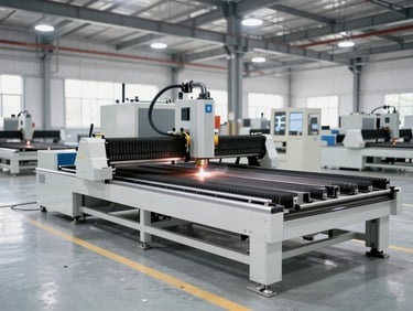 Wide-angle factory floor perspective showing automated metal laser cutting machinery and welding stations, bright natural industrial lighting