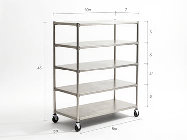 Technical CAD blueprint of a multi-tier retail display trolley, clean white background, precise dimension lines, architectural style