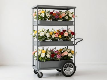 A mobile flower cart with three tiers of fresh colorful flowers, clean white studio background, bright natural daylight