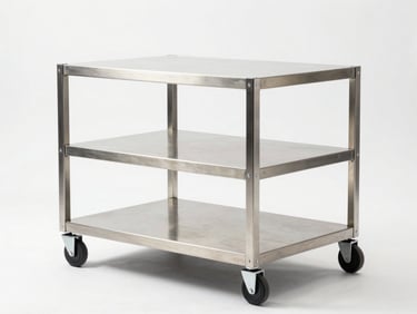 A heavy-duty retail display trolley made of brushed steel, clean industrial design, studio lighting