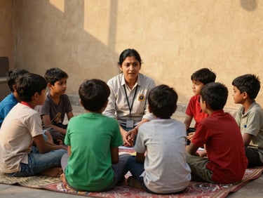 Warm editorial photography of a local volunteer teaching underprivileged children sitting on mats in Kankarbagh Patna, natural golden hour light, candid moment, 35mm lens