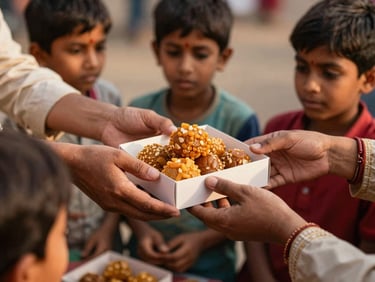 Close-up of hands distributing traditional Indian sweets in boxes to children in Patna, warm golden hour sunlight, candid and dignified, 35mm lens
