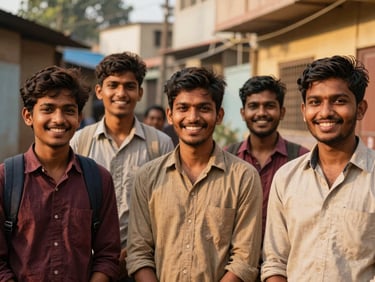 A group of young Indian volunteers smiling together in a local neighborhood of Patna, wearing simple casual clothes, warm earthy tones, natural light
