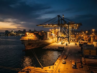 Dramatic twilight shot of a massive container ship docked at Alexandria port, towering cranes loading steel containers, warm gold industrial lights reflecting on dark water, 35mm lens.