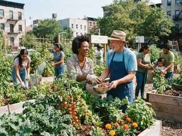 Bright optimistic editorial photography, natural daylight, community-led agricultural project with diverse partners collaborating in an urban garden, 35mm