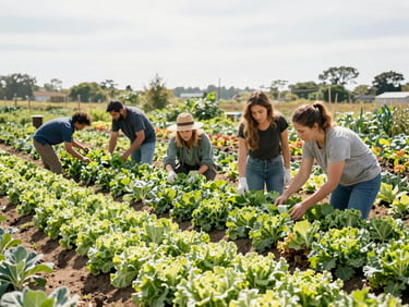 Wide-angle shot of a lush community-led agricultural farm, diverse workers inspecting thriving organic vegetable beds under bright natural daylight, 35mm.