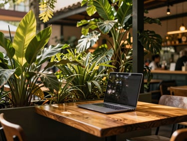 Warm editorial shot of a laptop on a wooden table in a leafy cafe in Medellín, lush plants, soft daylight, 35mm.