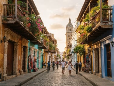 Wide environmental shot of the historic streets of Cartagena with colorful colonial balconies under warm golden-hour sunlight, 35mm photography