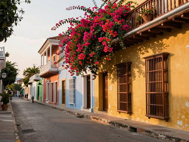 A bright environmental shot of a vibrant street in Cartagena with colorful facades and bougainvillea flowers, soft morning light, 35mm.