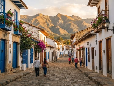 Wide environmental shot of the historic streets of Villa de Leyva at golden hour, warm sunlight illuminating white-washed colonial buildings, cobblestones, and distant mountains, 35mm.