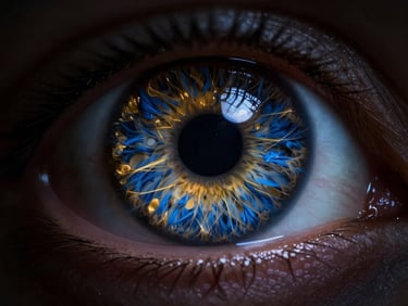 Ultra-sharp macro photography of a human iris, showing golden and deep blue fiber details, high-contrast studio lighting, dark background, gallery quality.