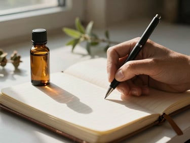Close-up of hands writing notes in a worn leather notebook on a desk beside a small glass bottle of botanical extract, late afternoon window light casting long shadows across the page, out-of-focus herb specimens visible in the background