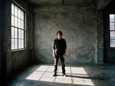 Stark environmental portrait of a creative director at work in a wide-angle industrial studio space with concrete walls, harsh direct sunlight streaming through high windows, deep defined shadows, 35mm film grain