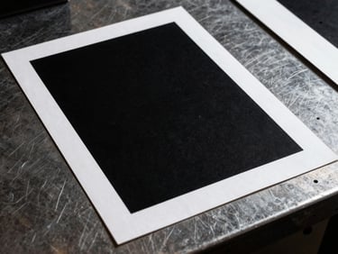 High-contrast close-up of physical ad mockups printed on rough newsprint, lying on an industrial metal table, dramatic studio key lighting, desaturated tones, deep blacks
