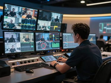 A technical director at a broadcast console, multiple glowing monitors showing live video feeds, low-key blue and gold studio lighting.