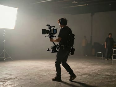 Anamorphic wide shot of a high-end film set, dramatic chiaroscuro lighting, camera operator on a gimbal stabilizer moving through haze.