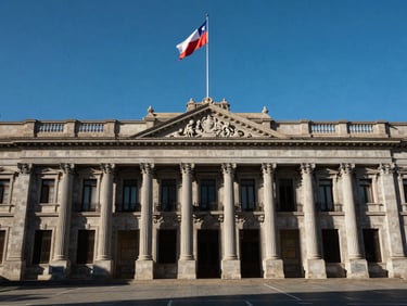 Wide landscape shot of La Moneda presidential palace facade in Santiago, straight-on architectural framing at midday, Chilean flag visible against deep blue sky, clean stone colonnade casting sharp shadows, no tourists in foreground
