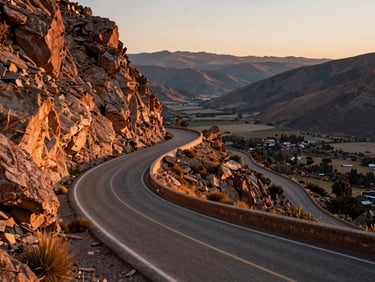 Parque Farellones mountain road winding upward at golden hour, ochre rock walls on one side, open Andean valley below, warm late-afternoon light, no vehicles, road geometry as main subject