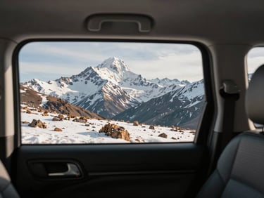 Interior of a heated 4x4 vehicle, wide Andean mountain landscape visible through the passenger window, snow on distant peaks, warm interior light contrasting with bright exterior, no faces visible, framing emphasizes journey scale