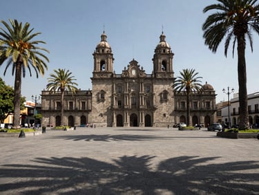 Wide shot of Plaza de Armas in Santiago at midday, colonial facade and palm trees framing the open square, sharp shadows on stone pavement, minimal foot traffic, clear sky