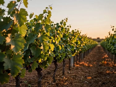 Close-up of vineyard rows at Concha y Toro in Pirque at golden hour, deep green vine leaves catching warm light, ochre soil between rows, low horizon, no people